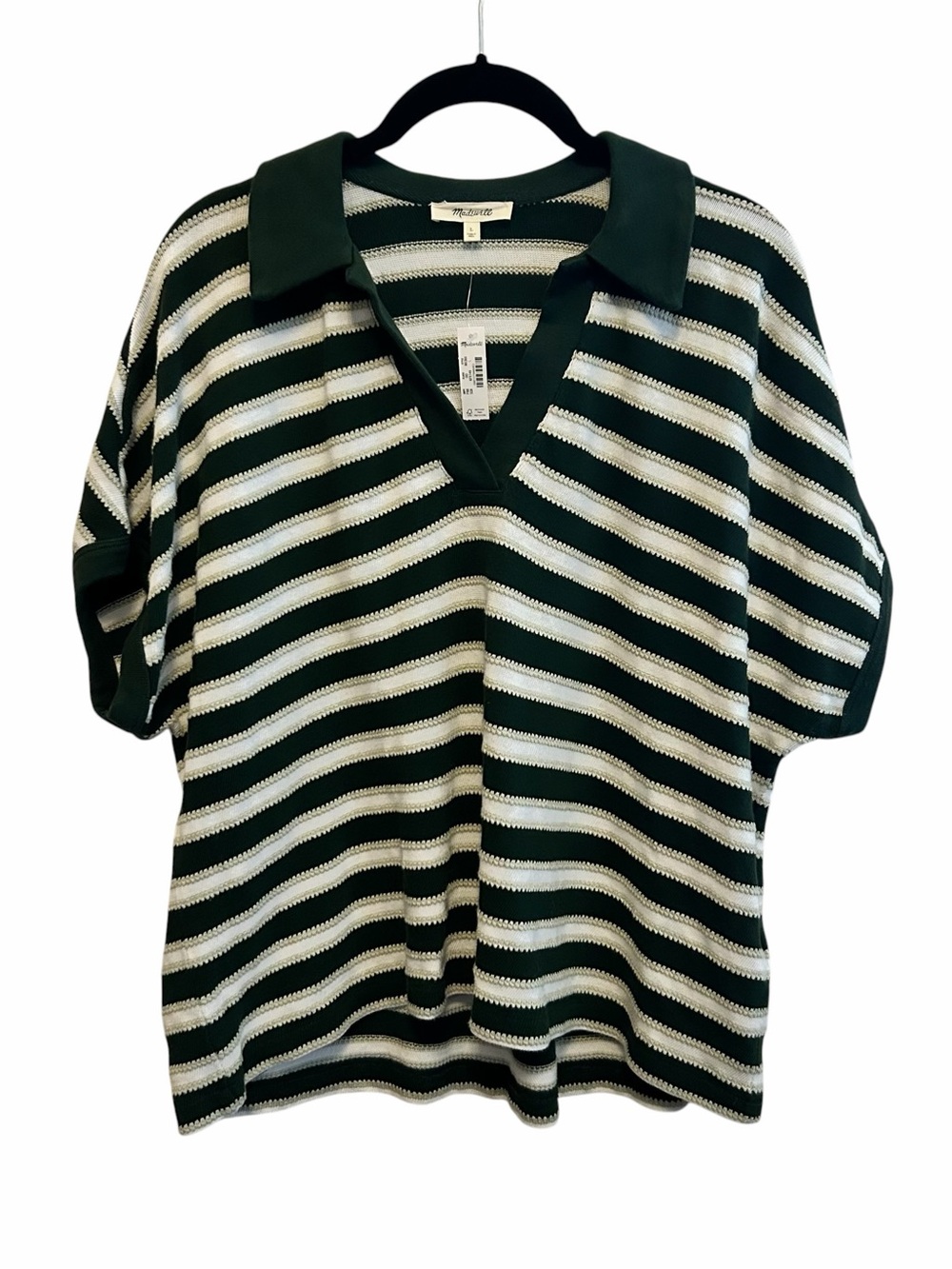 NWT Madewell Forest Green and White Striped V-Neck Polo